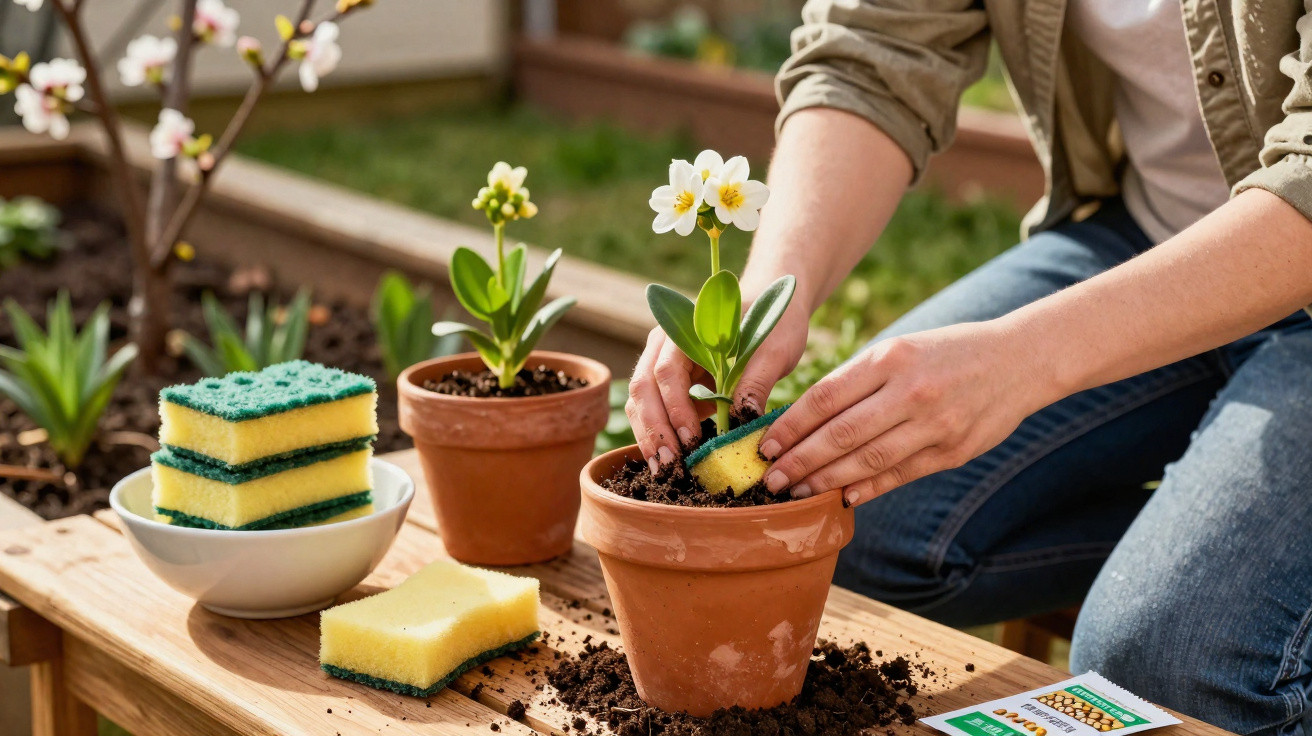 Pessoa a fazer jardinagem, a usar uma esponja para limpar o vaso de flores em madeira.