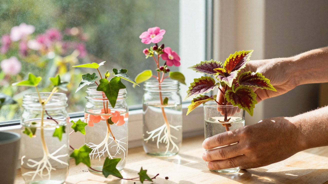 Mãos a transplantar planta com folhas coloridas em jarro, outras plantas com raízes em frascos de vidro na janela.