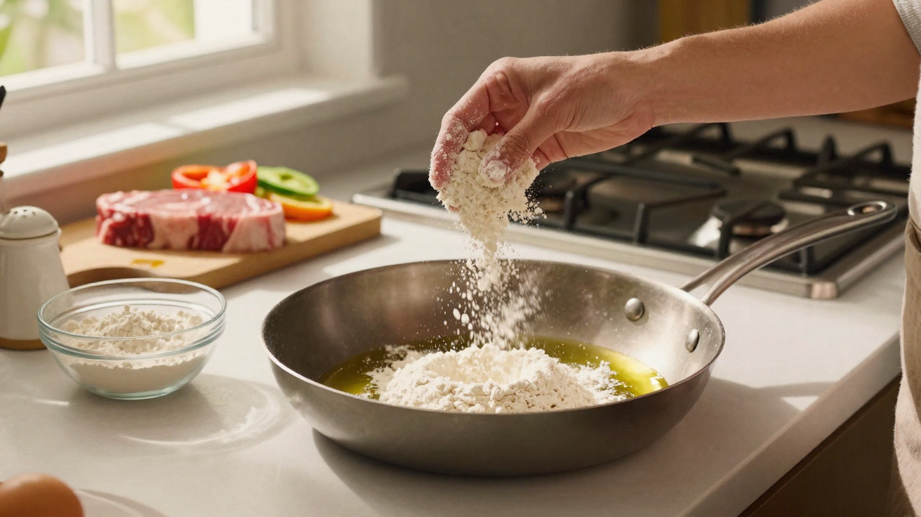 Mão a polvilhar farinha numa frigideira com azeite, com ingredientes frescos numa bancada de cozinha.