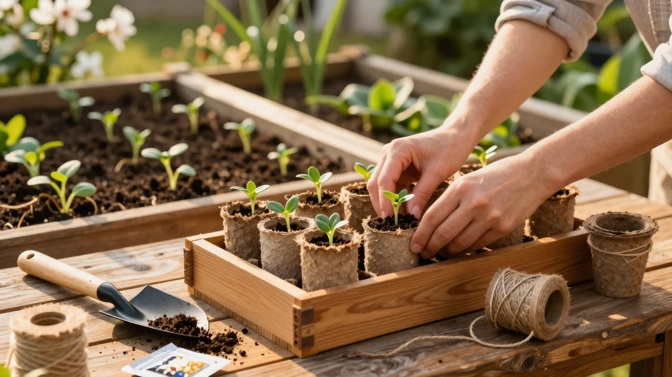 Pessoa a transplantar pequenas plantas em vasos biodegradáveis numa mesa com terra e ferramentas de jardinagem.