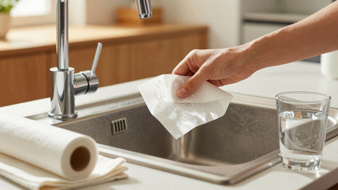 Mão a limpar junta de pia de cozinha com papel húmido, com torneira, rolo de papel e copo de água visíveis.