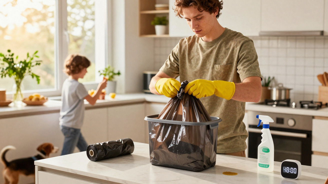 Jovem com luvas amarelas a fechar saco do lixo na cozinha, com criança e cão ao fundo.