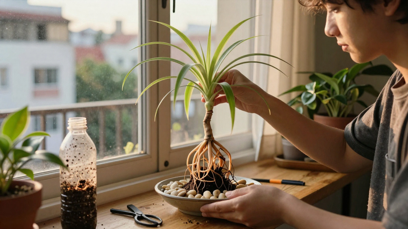 Pessoa a transplantar planta com raízes expostas junto a janela em ambiente interior com luz natural.