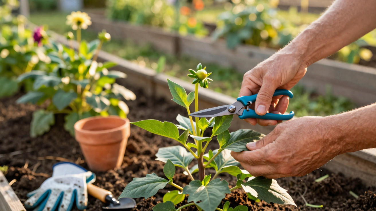 Mãos a podar planta jovem num canteiro com tesoura de jardinagem e ferramentas ao lado.