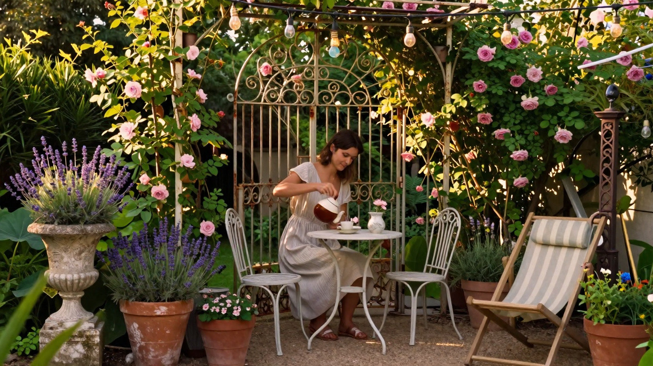 Mulher a servir chá numa mesa branca num jardim com flores coloridas e mobiliário vintage.
