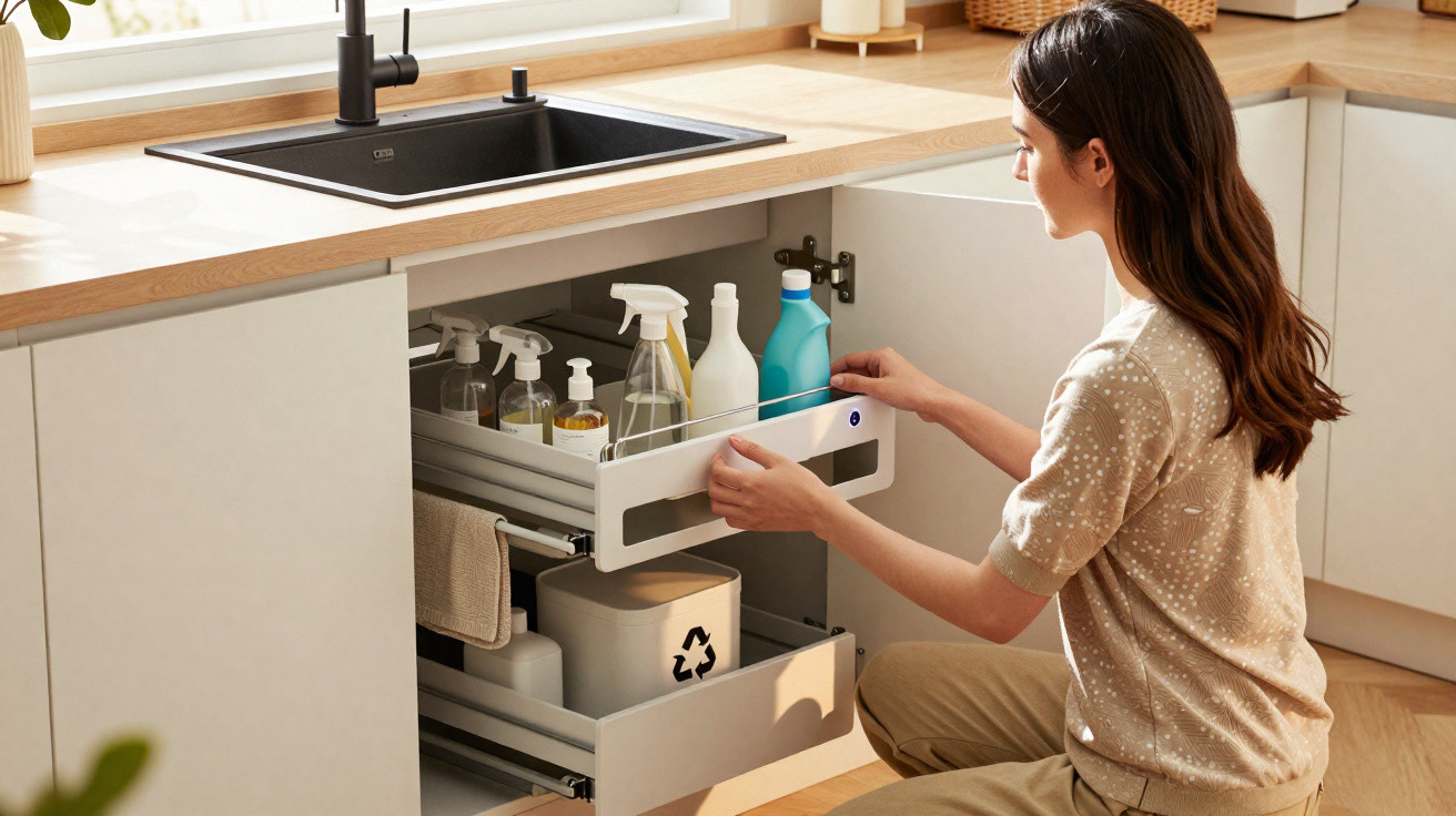 Mulher a organizar produtos de limpeza num armário de cozinha moderno junto a uma pia preta.