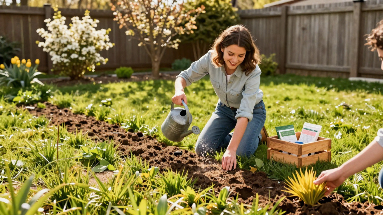 Mulher a regar plantas num jardim ensolarado com caixa de sementes ao lado, vestido casual.