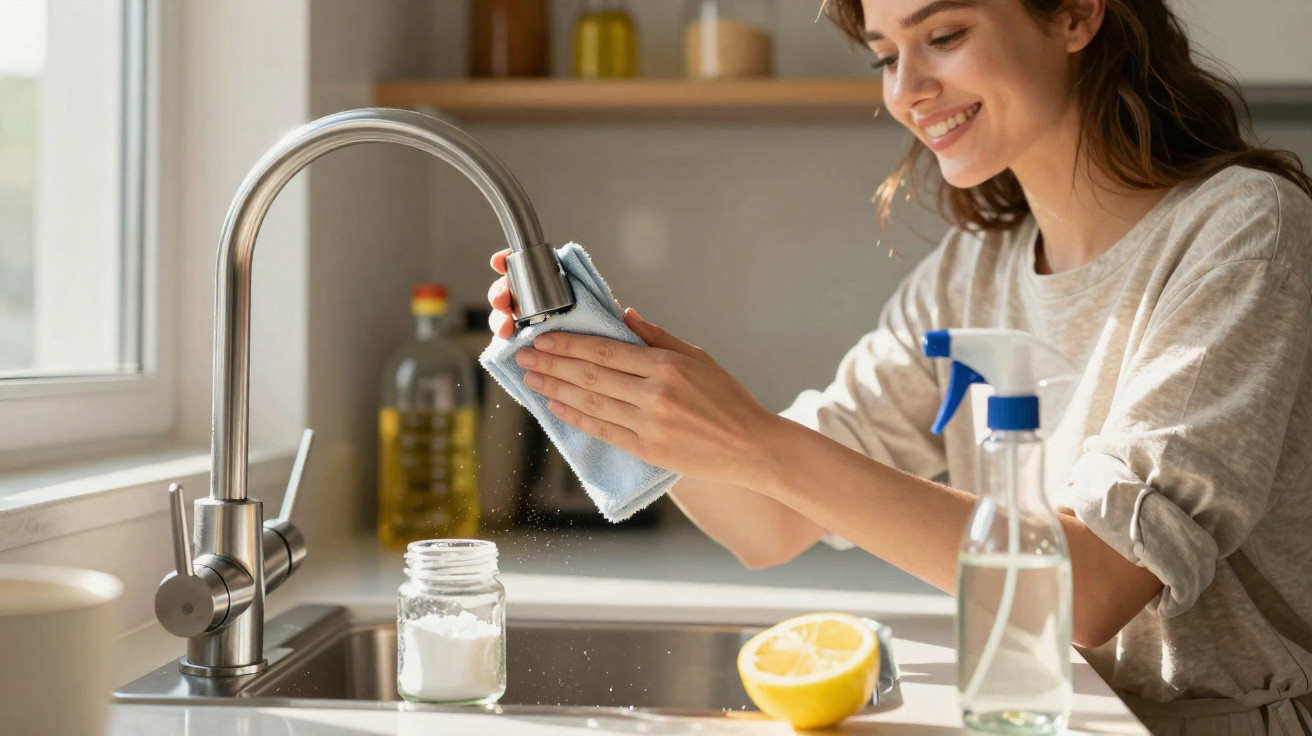 Mulher a limpar a torneira da cozinha com um pano azul, com limão e frasco de spray no balcão.