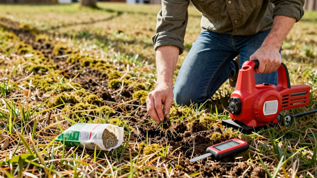 Pessoa com roupa casual a cuidar de plantas num jardim com ferramentas e sementes ao lado.