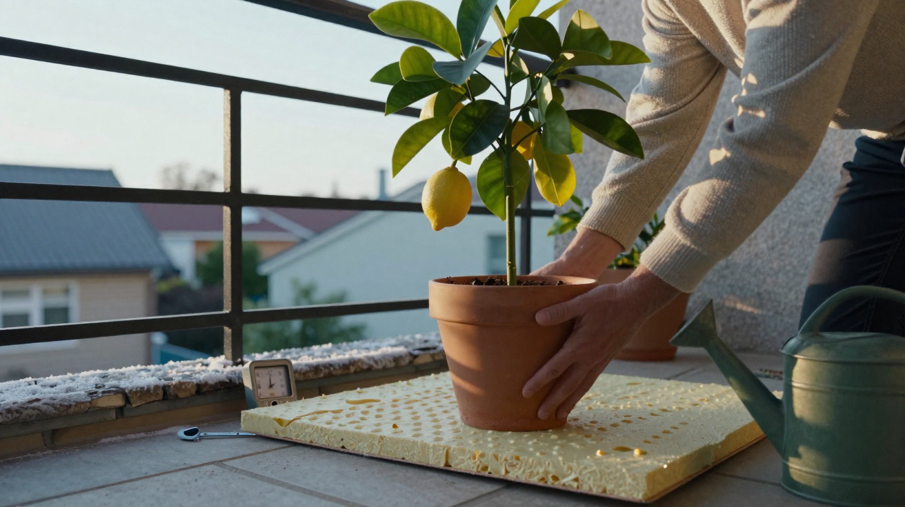 Pessoa a colocar vaso com planta de limão num varandim, próximo de um regador verde.