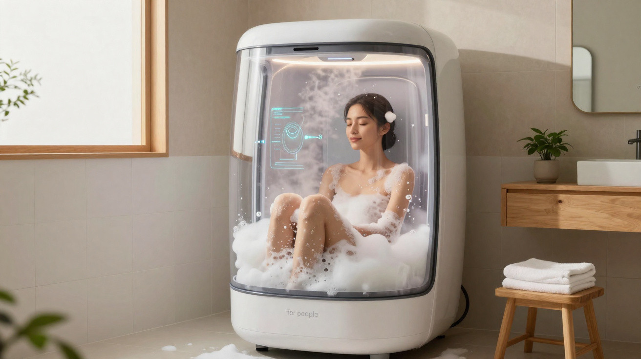 Mulher relaxa numa cápsula de banho com espuma e holograma, numa casa de banho moderna e iluminada.