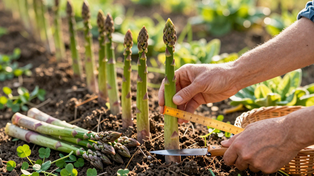 Mãos a medir e cortar espargos frescos na plantação, com cesta e legumes ao lado.