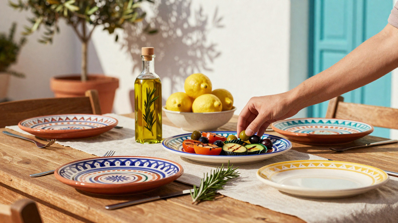 Mesa de madeira posta ao ar livre com pratos coloridos, azeite, limões e salada mediterrânea.