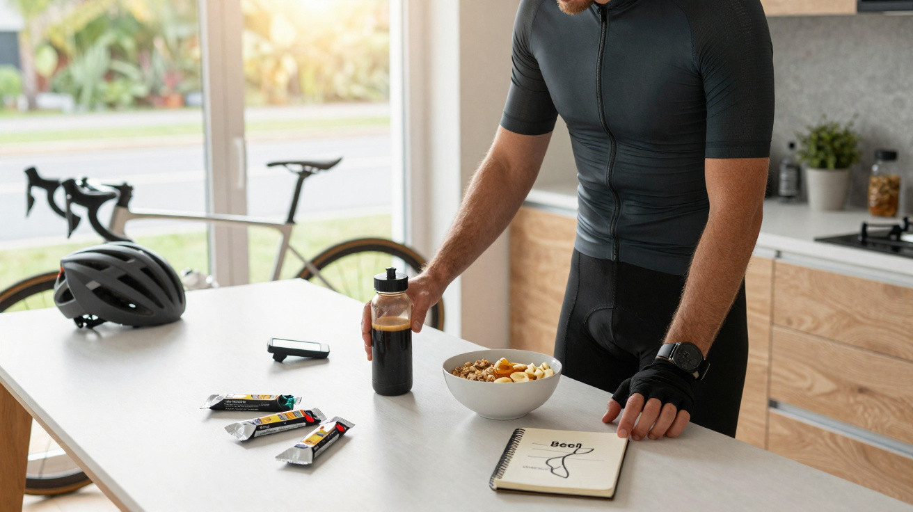 Ciclista de roupa desportiva junto a mesa com lanche, garrafa e capacete numa cozinha moderna.