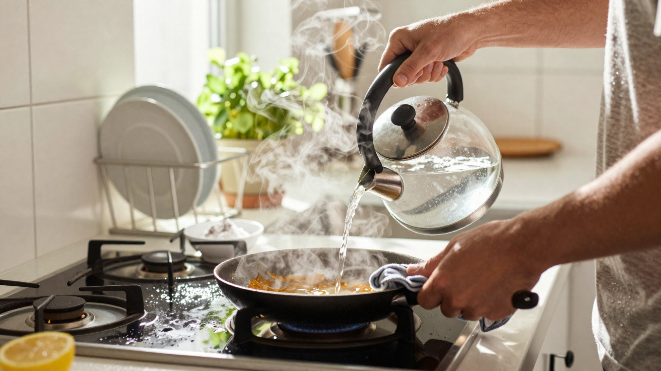 Pessoa a verter água quente de um bule para uma frigideira numa cozinha luminosa.