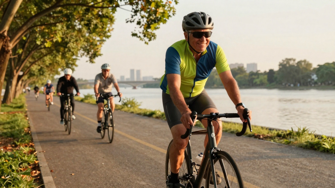 Grupo de ciclistas com capacetes a pedalar num caminho junto a um rio em dia solarengo.