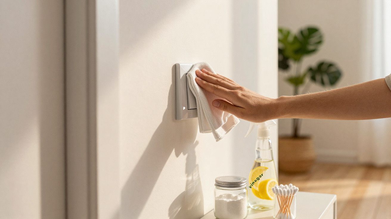 Mão a limpar interruptor de luz com pano branco, ao lado de frasco de vinagre e cotonetes.