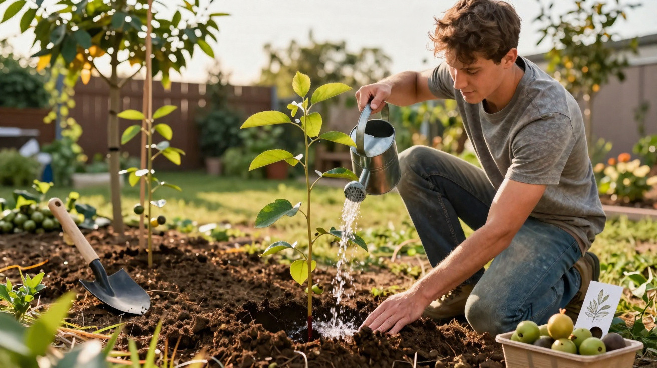 Jovem rega planta jovem num jardim, com pá e caixa de frutas ao lado em dia ensolarado.