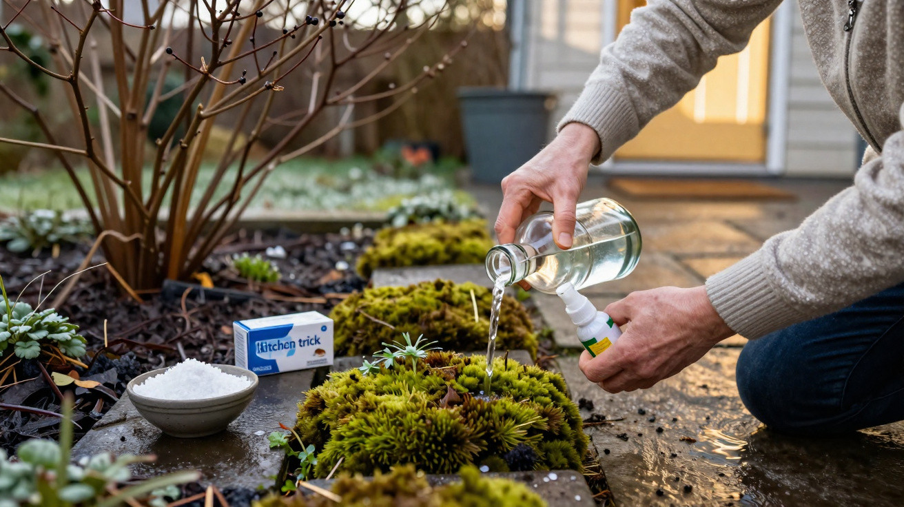 Pessoa a regar musgo num jardim com garrafa de spray e produtos de cuidado vegetal ao lado.