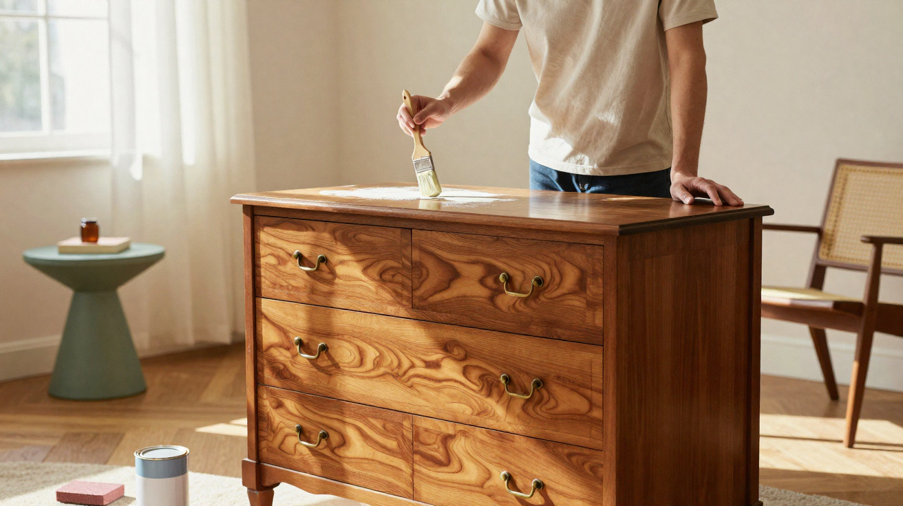 Pessoa a aplicar verniz numa cómoda de madeira num quarto luminoso com cadeira e mesa pequenas.
