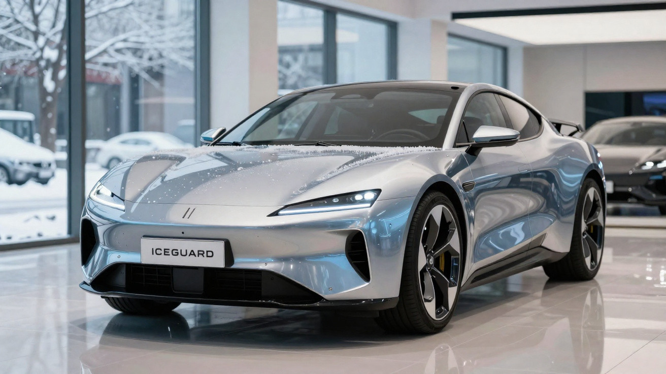 Carro elétrico Iceguard prateado estacionado dentro de uma garagem moderna com janelas grandes.
