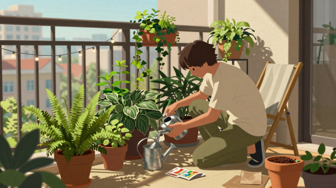 Pessoa a regar plantas num terraço iluminado com várias plantas em vasos e cadeira de madeira.