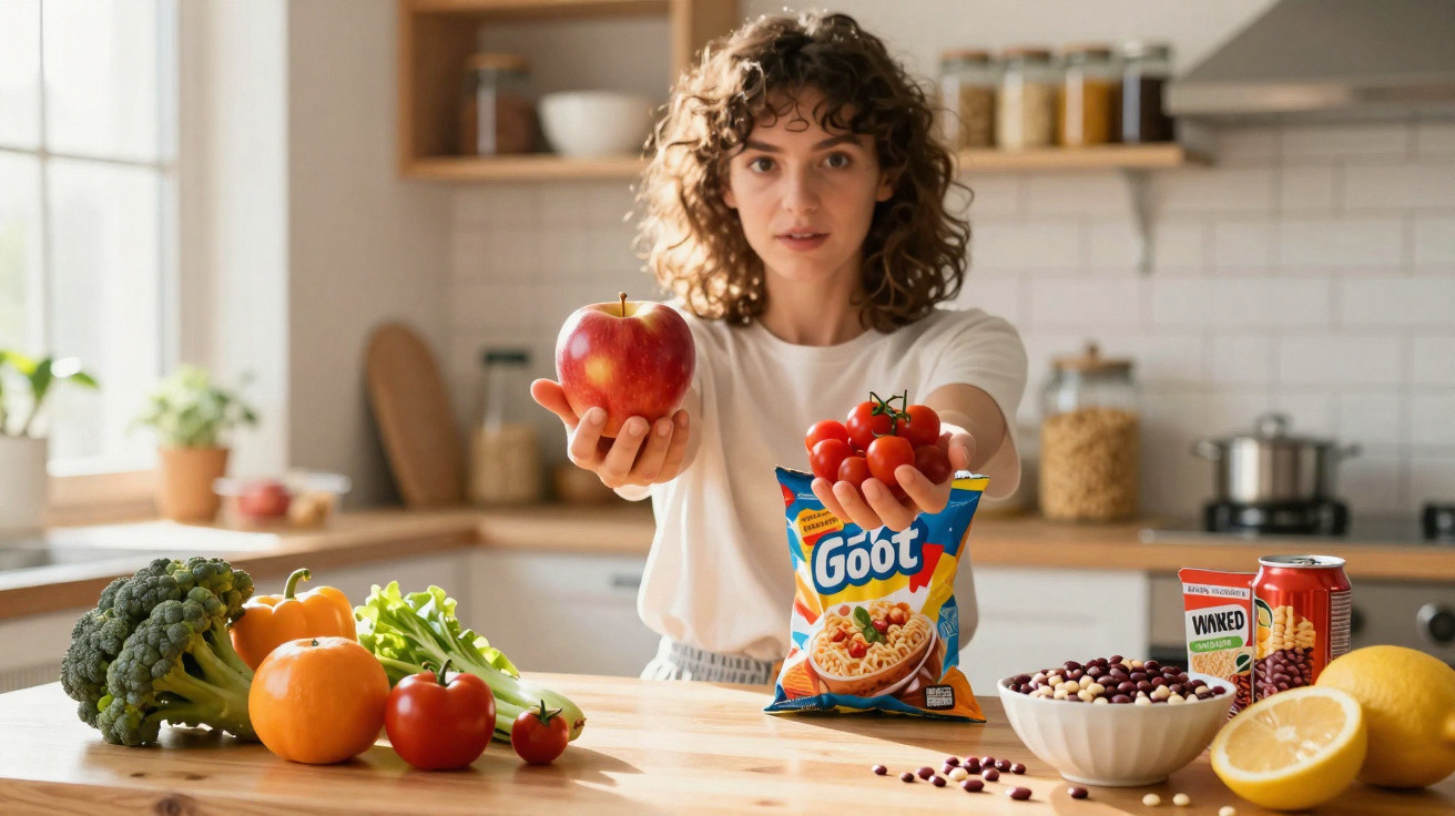 Mulher numa cozinha oferece maçã e tomates, rodeada de legumes, frutas, cereais e legumes crus.