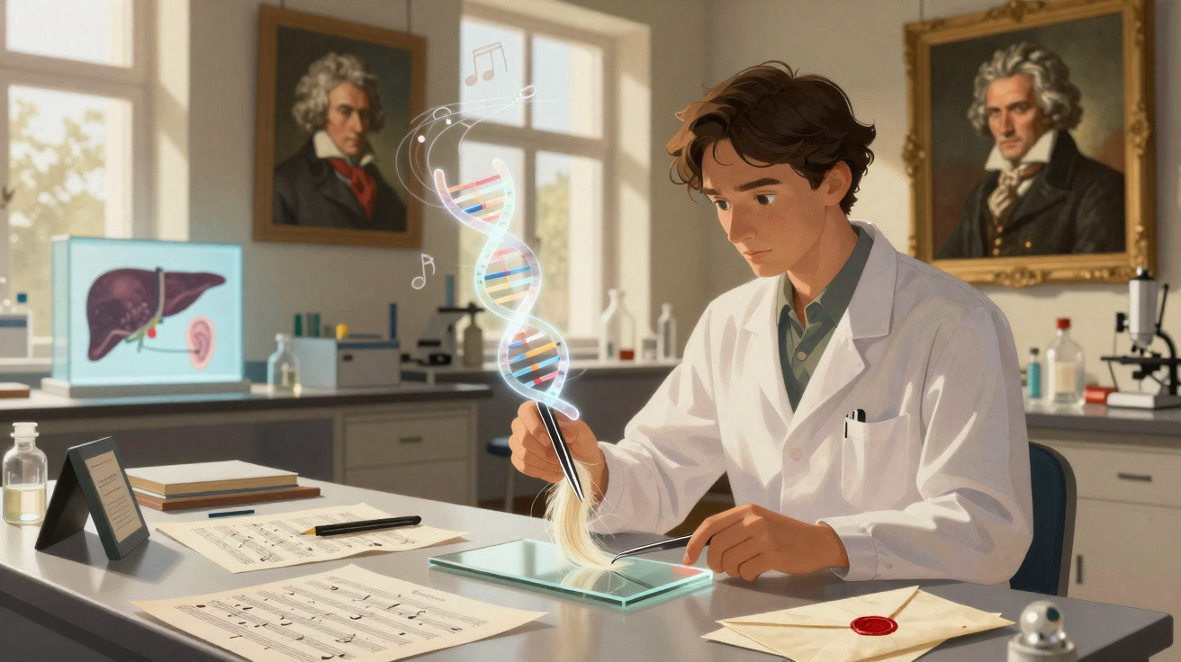 Jovem cientista em laboratório, manipulando DNA com notas musicais a emergir, em ambiente iluminado e clássico.