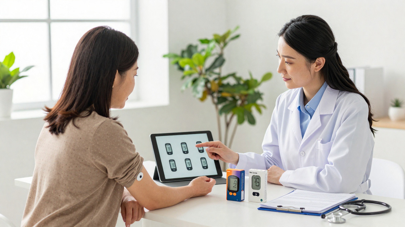 Profissional de saúde explica resultados de glicemia a paciente com sensor no braço, numa consulta moderna.