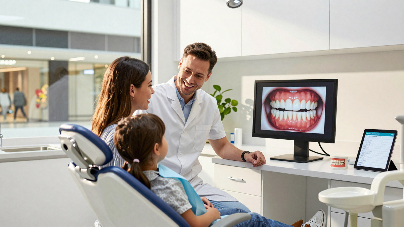 Dentista a explicar exame dentário a criança e mãe numa clínica moderna e bem iluminada.