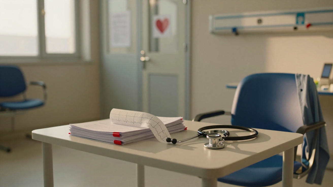 Mesa de consultório com cardiograma em papel e estetoscópio, cadeiras azuis e luz natural na sala.