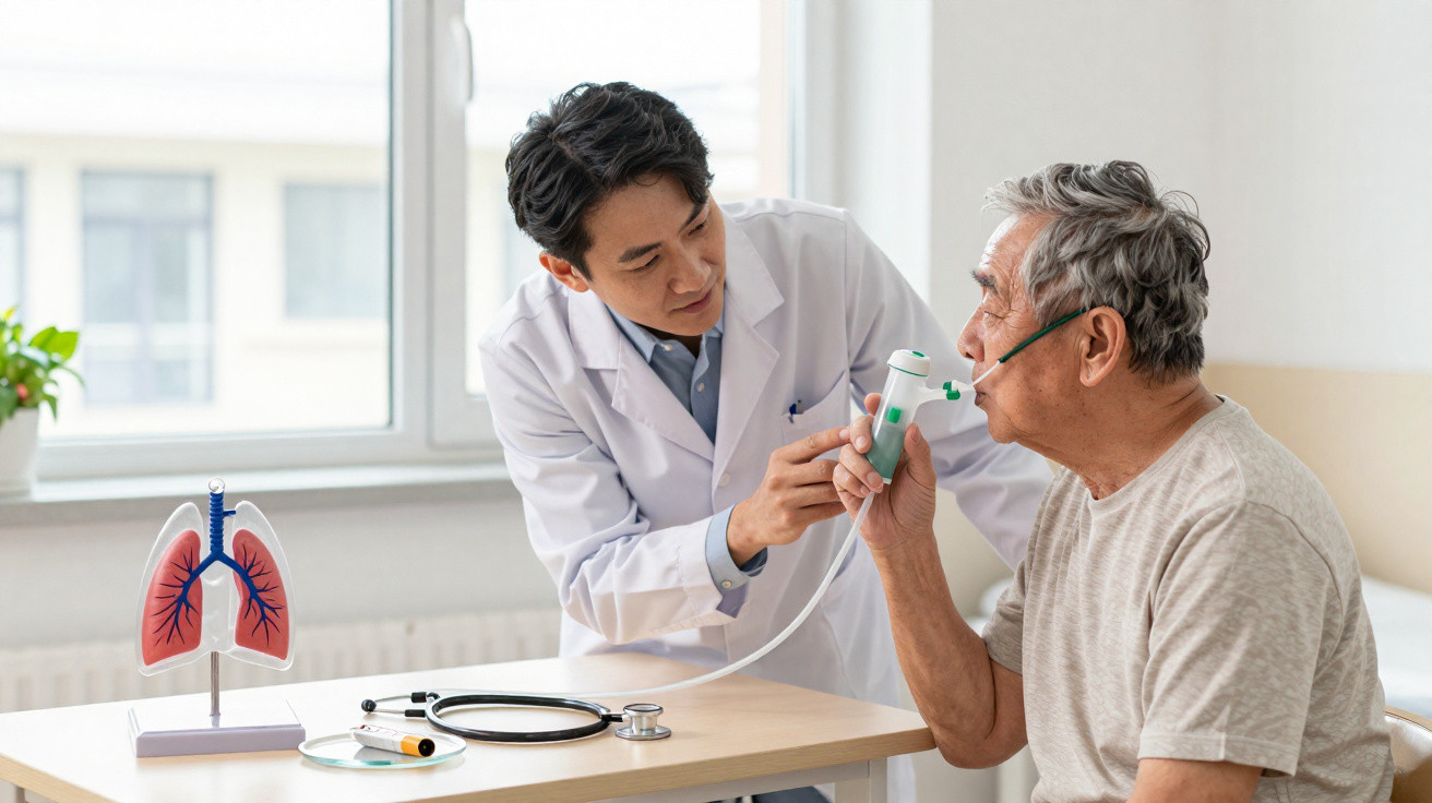 Médico realiza exame de função pulmonar com inalador em paciente idoso num consultório médico.