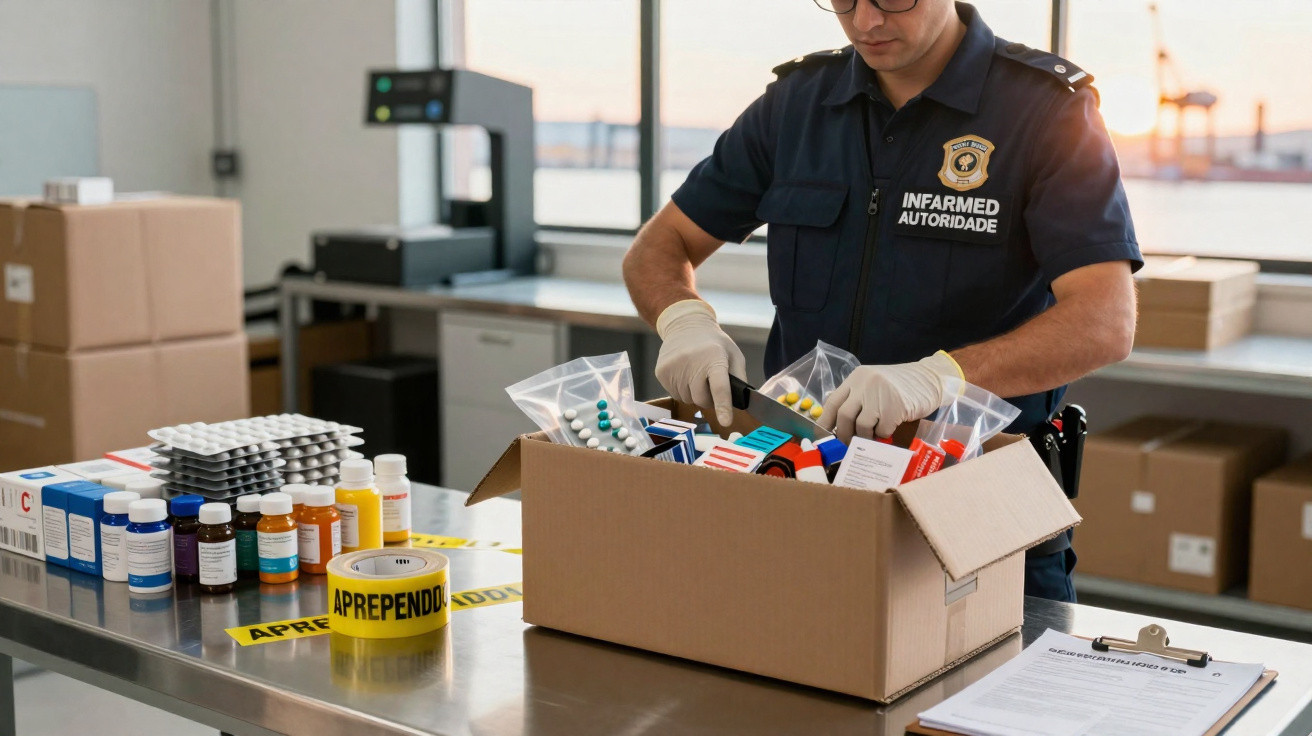 Agente da autoridade a inspeccionar medicamentos apreendidos numa caixa de cartão numa mesa de metal.