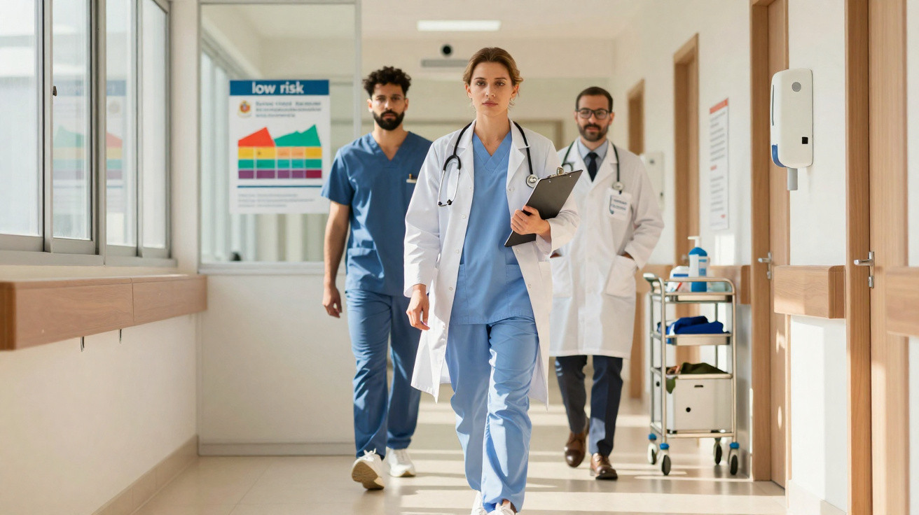 Três médicos profissionais caminham juntos num corredor de hospital, com equipamento médico ao fundo.