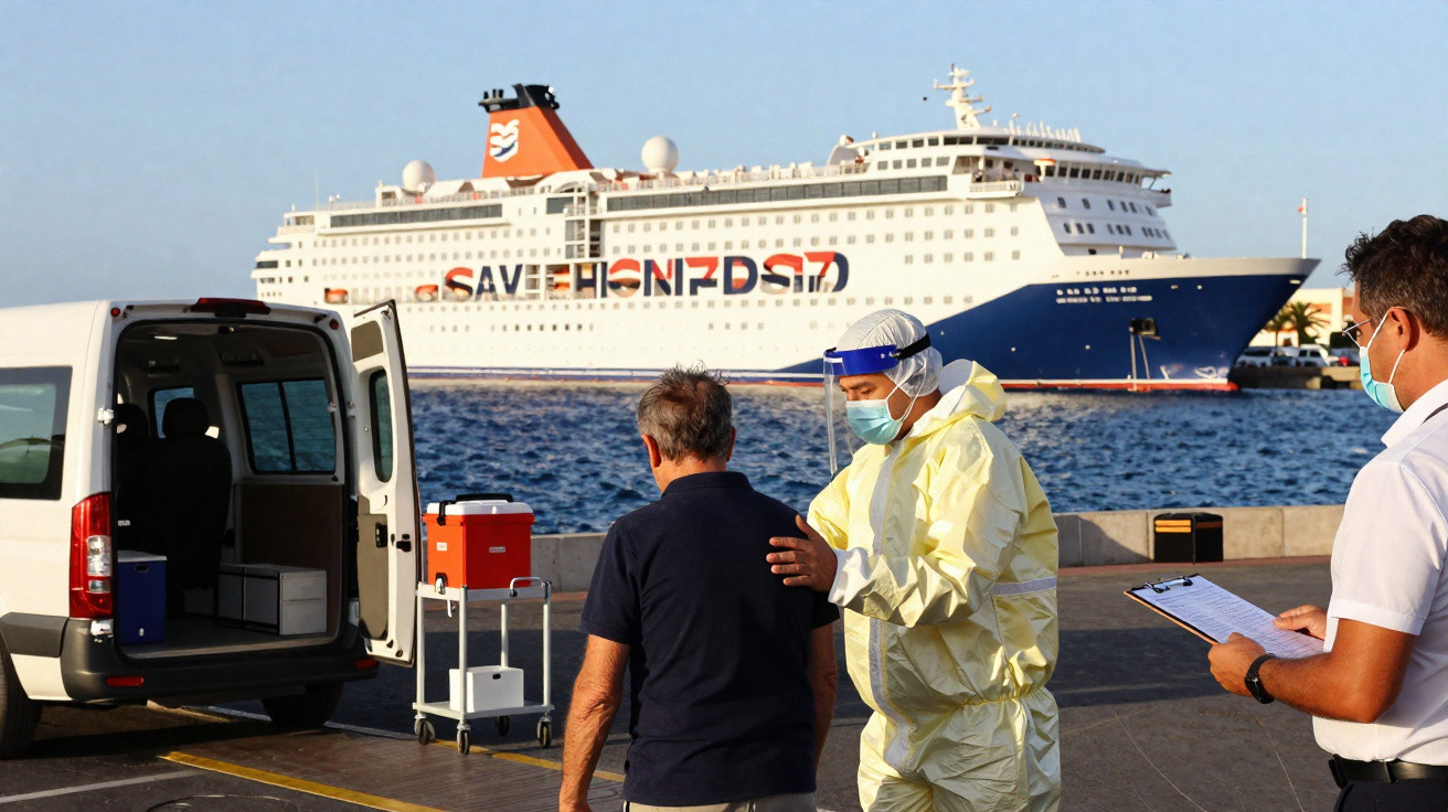 Profissional de saúde em equipamento de proteção abraça homem com máscara, perto de carrinha e navio de cruzeiro no porto.