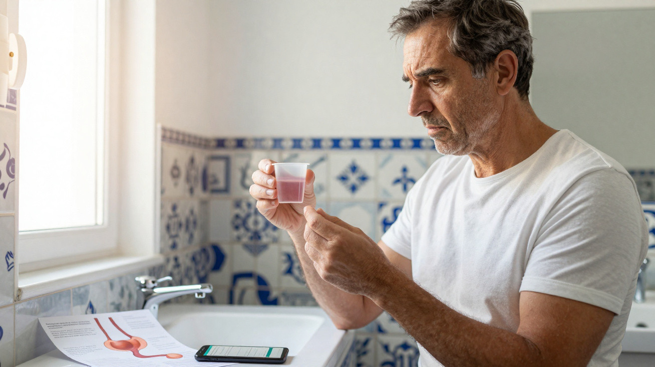 Homem adulto a tomar medicamento em casa, segurando comprimido e copo com líquido rosa.