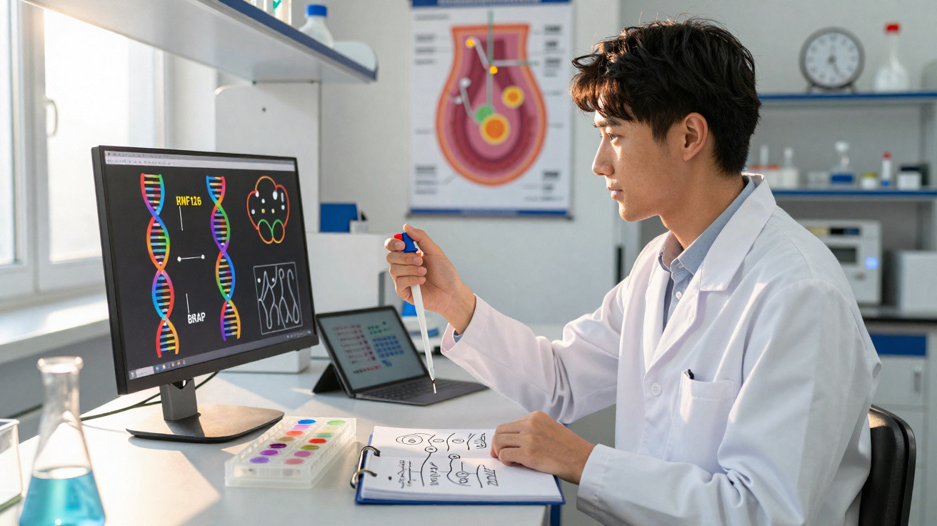 Cientista a usar pipeta em laboratório, com gráficos de ADN no ecrã e desenhos científicos numa pasta.