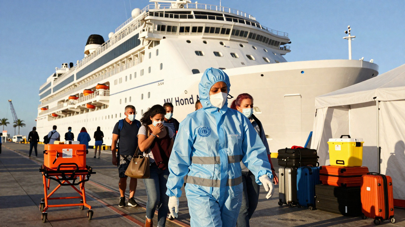 Pessoas de máscara desembarcando de navio cruzeiro grande junto a profissional com roupa de proteção azul.