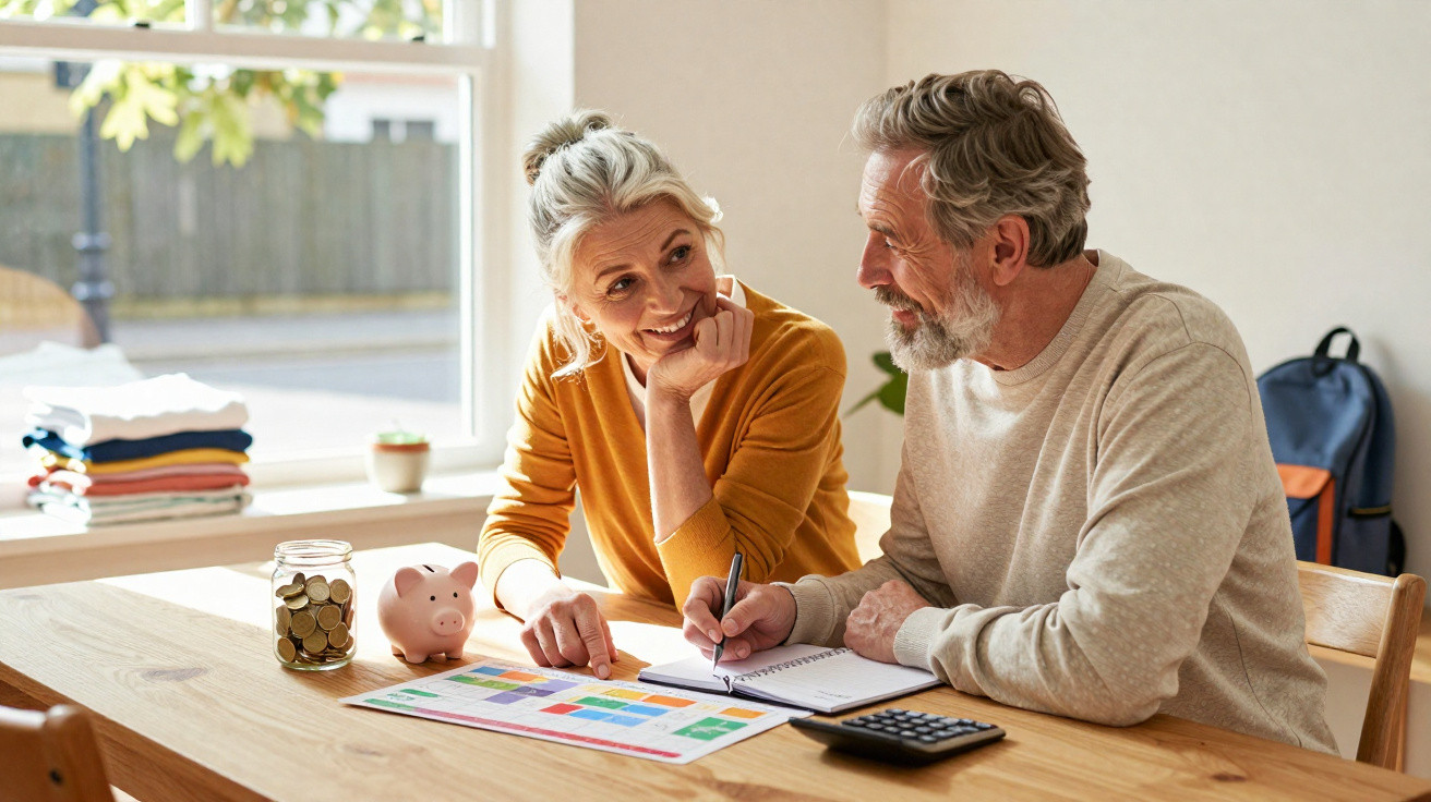 Casal sénior sorridente a planear finanças em casa, com cofrinho, moedas e calculadora na mesa.