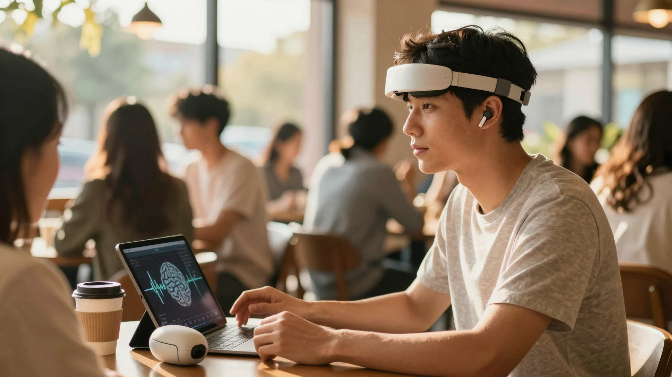 Rapaz com dispositivo na cabeça usa computador portátil num café, com gráficos de cérebro no ecrã.