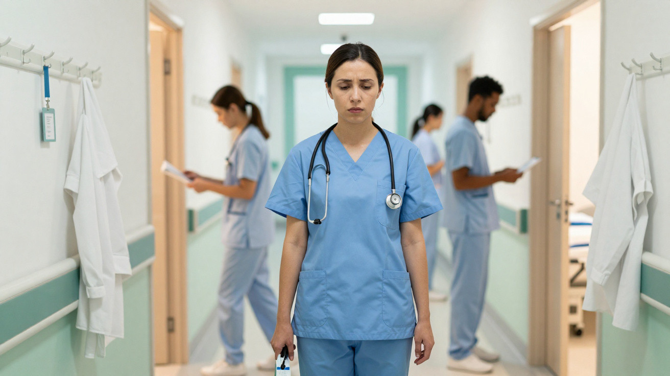 Enfermeira com expressão preocupada no corredor do hospital, com colegas ao fundo lendo documentos.