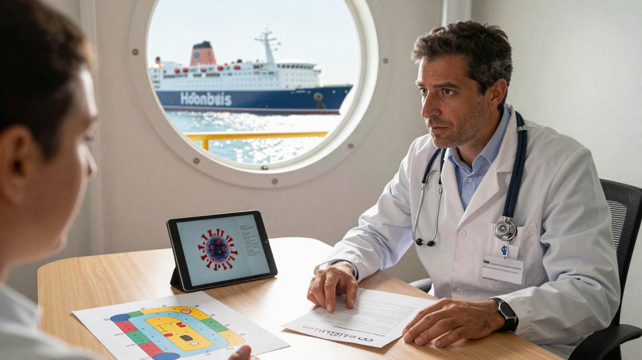 Médico consulta paciente numa sala com janela redonda mostrando um navio no mar ao fundo.