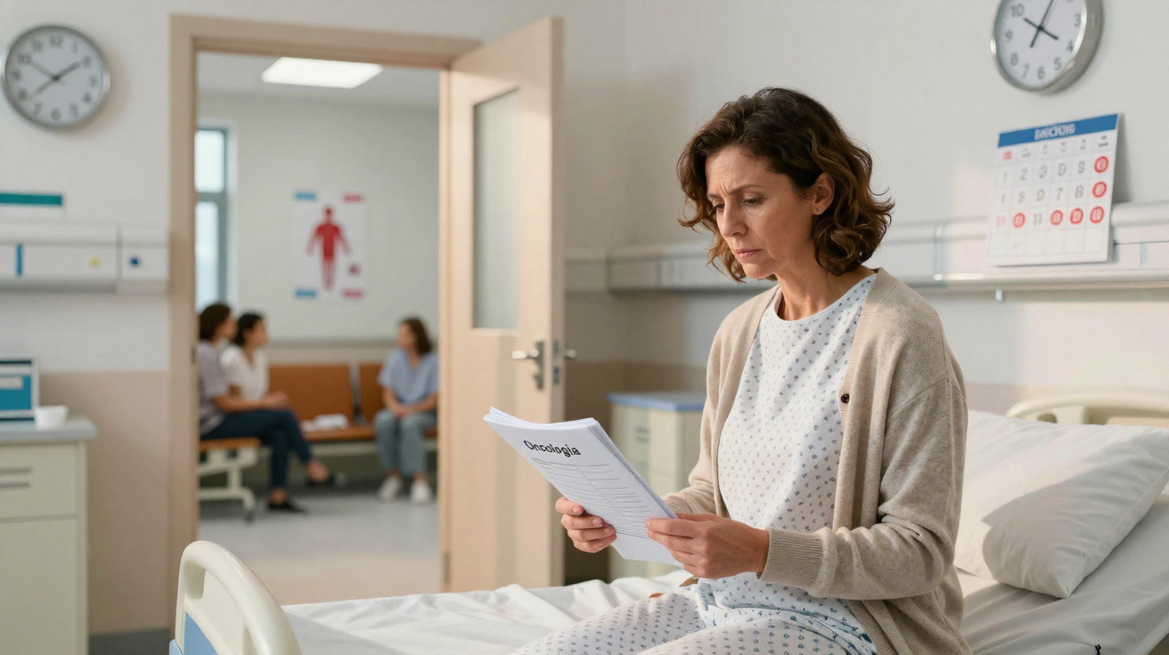 Mulher sentada na cama de hospital, a ler um relatório médico com a palavra Oncologia em destaque.