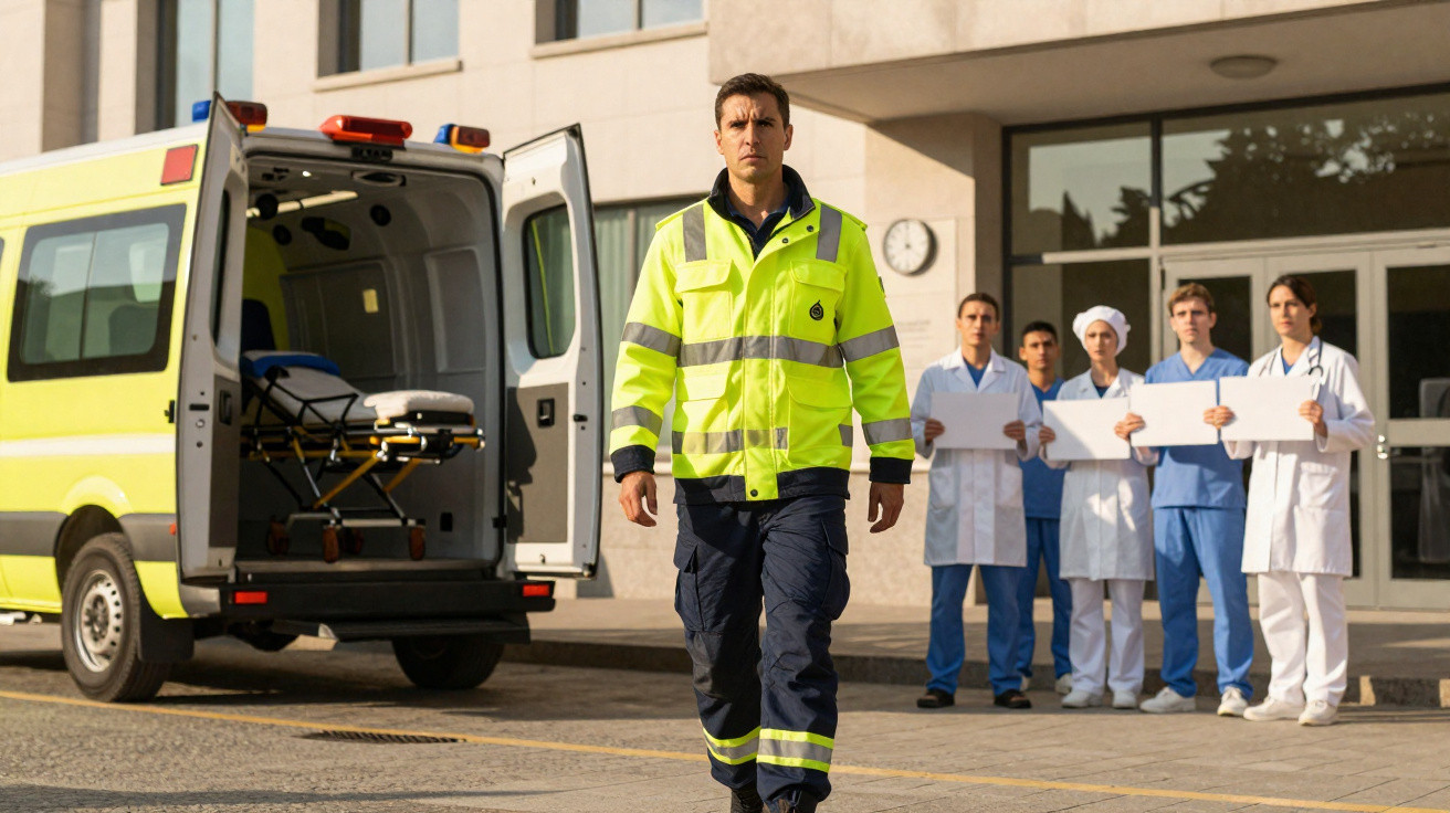 Paramédico a andar em frente a uma ambulância com equipa médica a segurarem cartazes em hospital.
