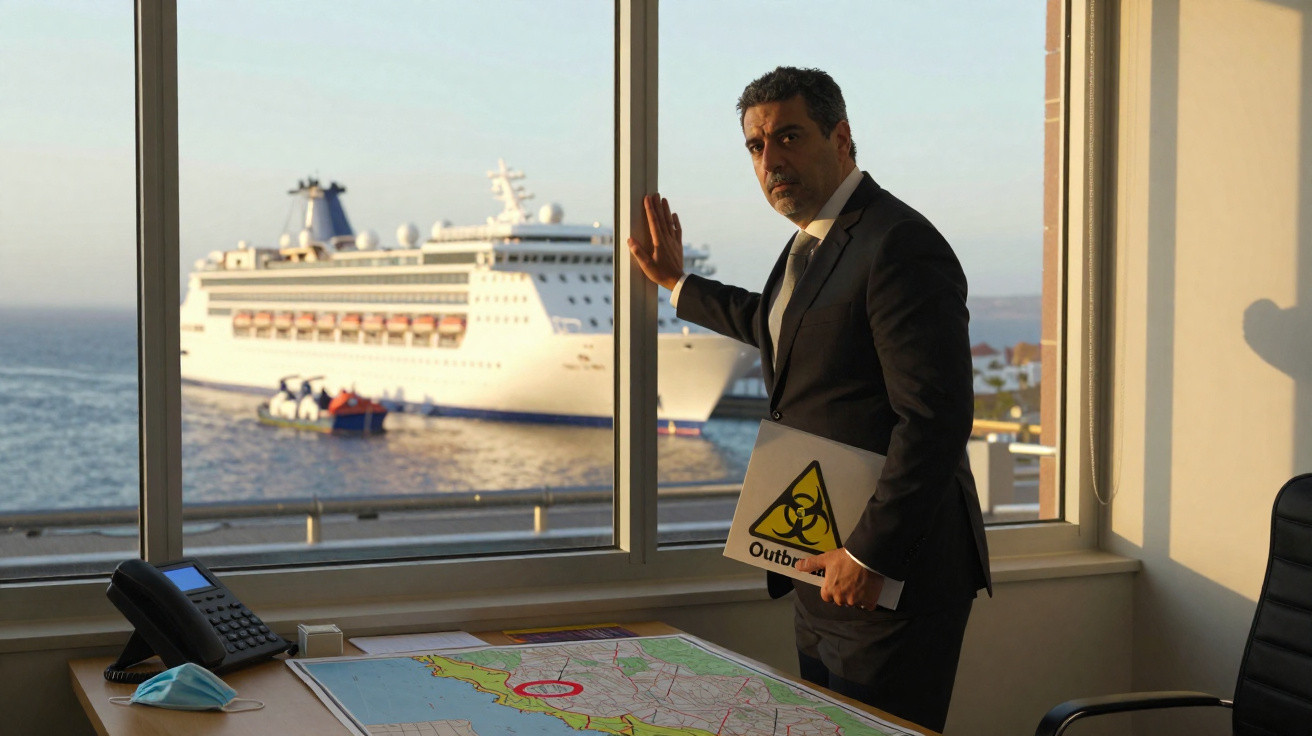 Homem de fato numa sala com mapa e máscara, olhando para um navio cruzeiro visto pela janela.