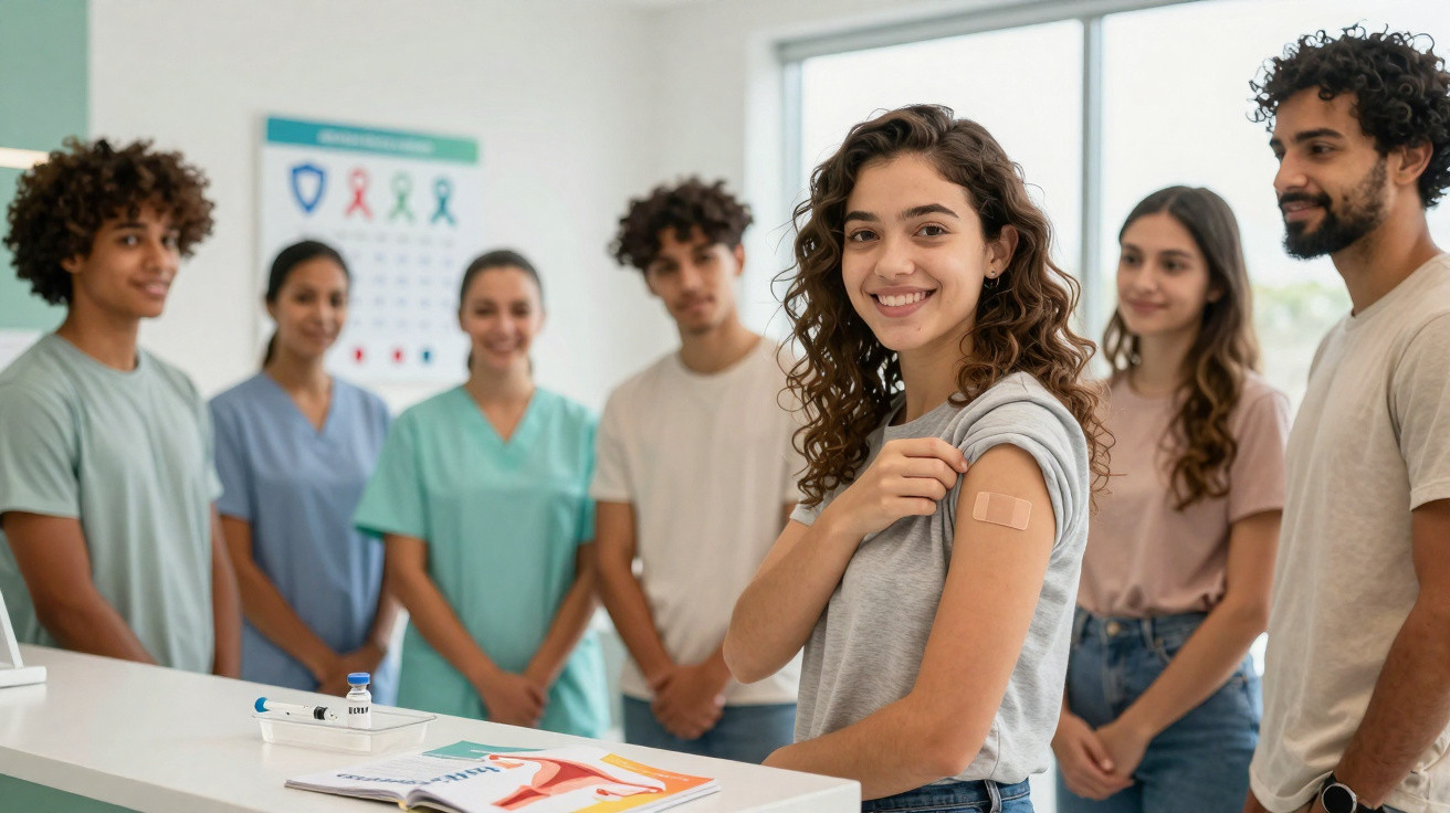 Jovem com penso adesivo no braço sorri em clínica, enquanto grupo de pessoas observa ao fundo.