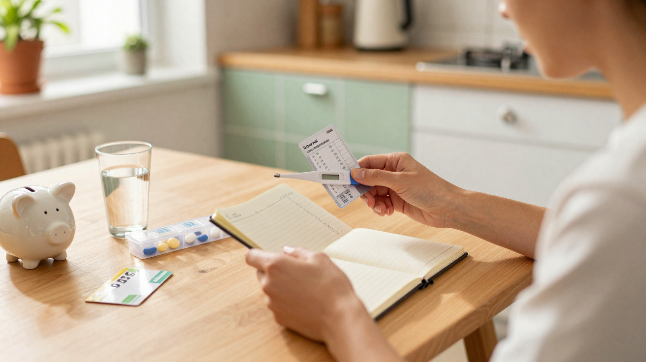 Pessoa a anotar medicamentos e temperatura corporal com termómetro e receituário numa cozinha.