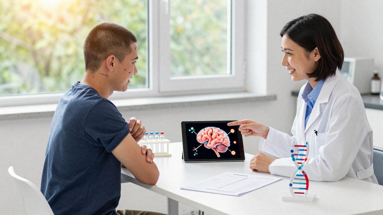 Médica explica imagem do cérebro em tablet a paciente jovem numa consulta num consultório luminoso.