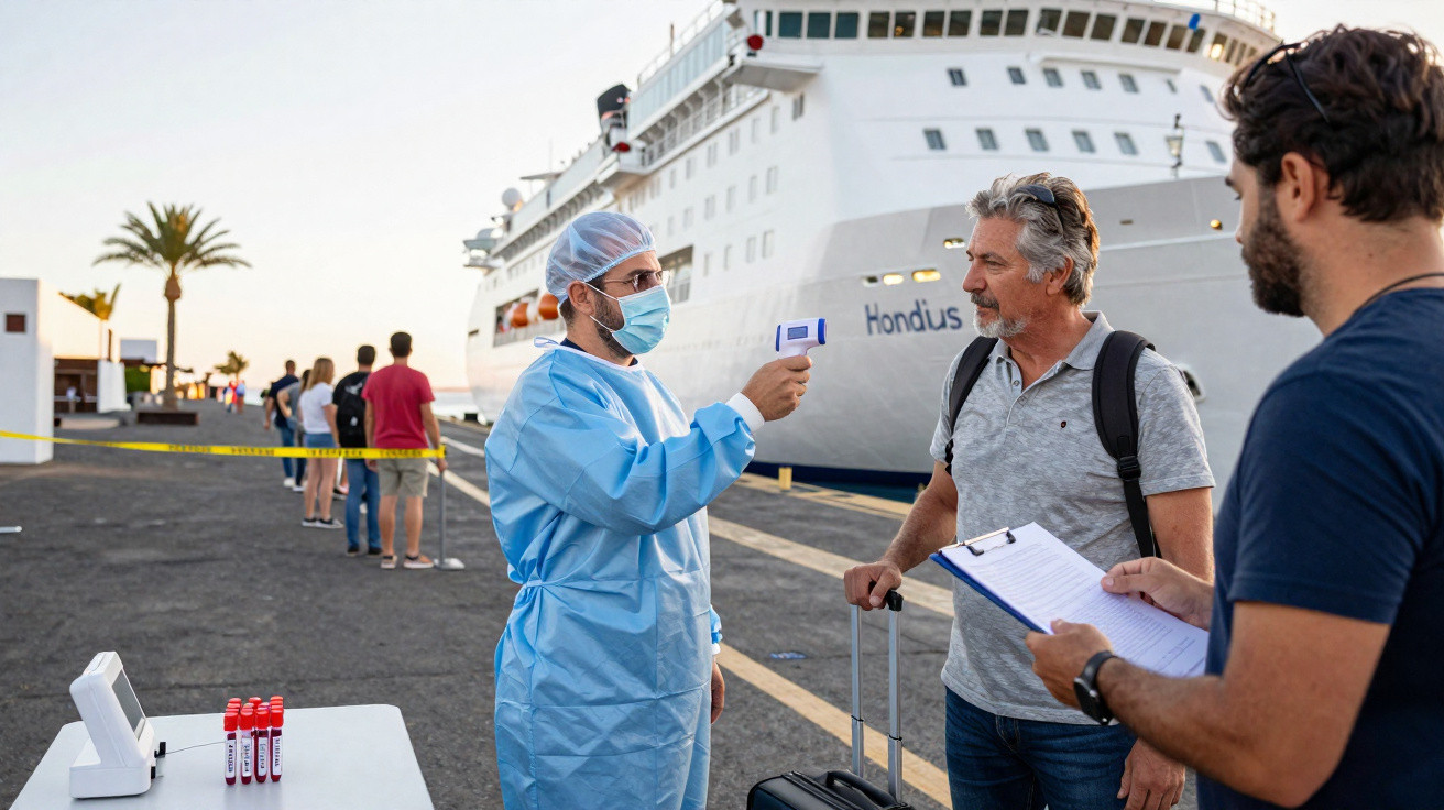 Profissional com equipamento de proteção a medir temperatura de passageiro em fila para embarque num navio.