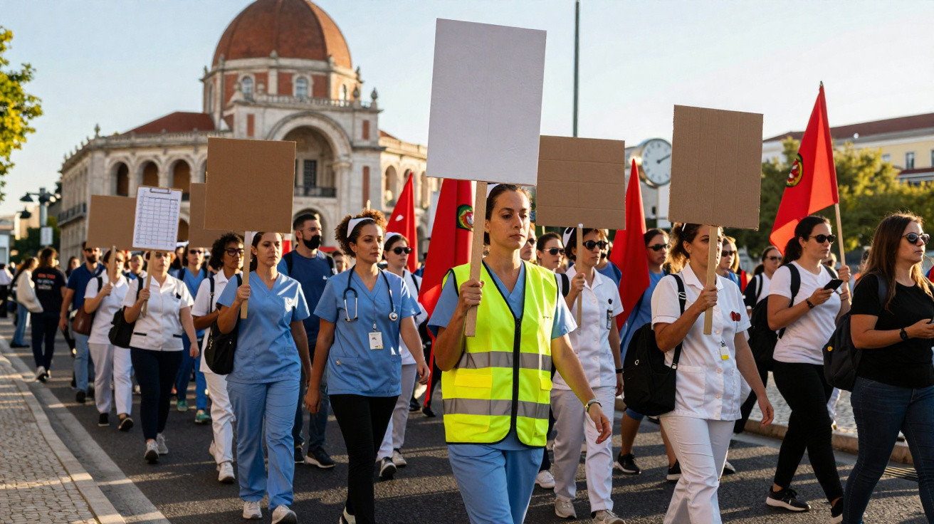 Profissionais de saúde em manifestação na rua, segurando cartazes e bandeiras vermelhas, com edifício histórico ao fundo.